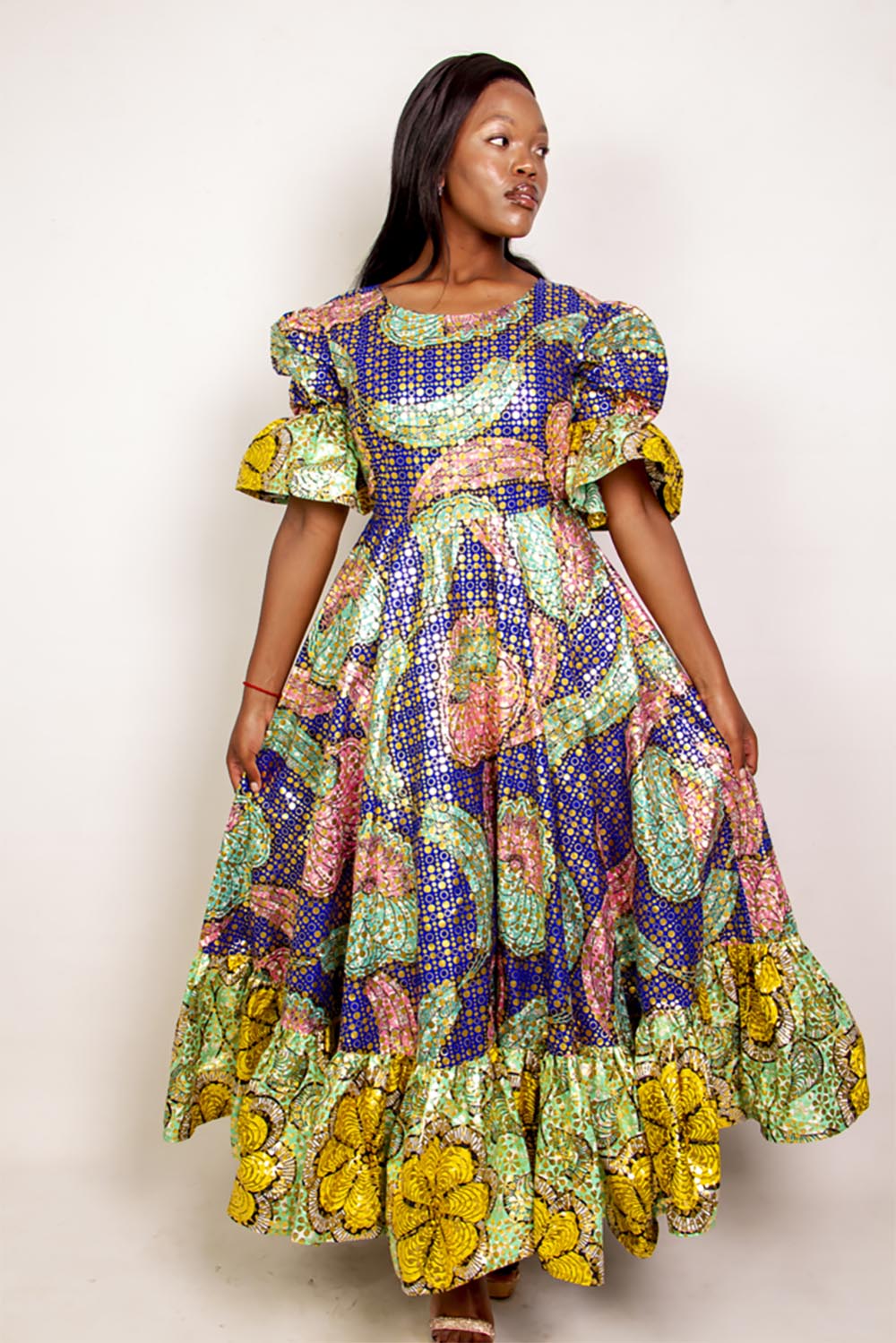 IMG_2047 Femi dress glow gold royal blue Ankara print - Image 1