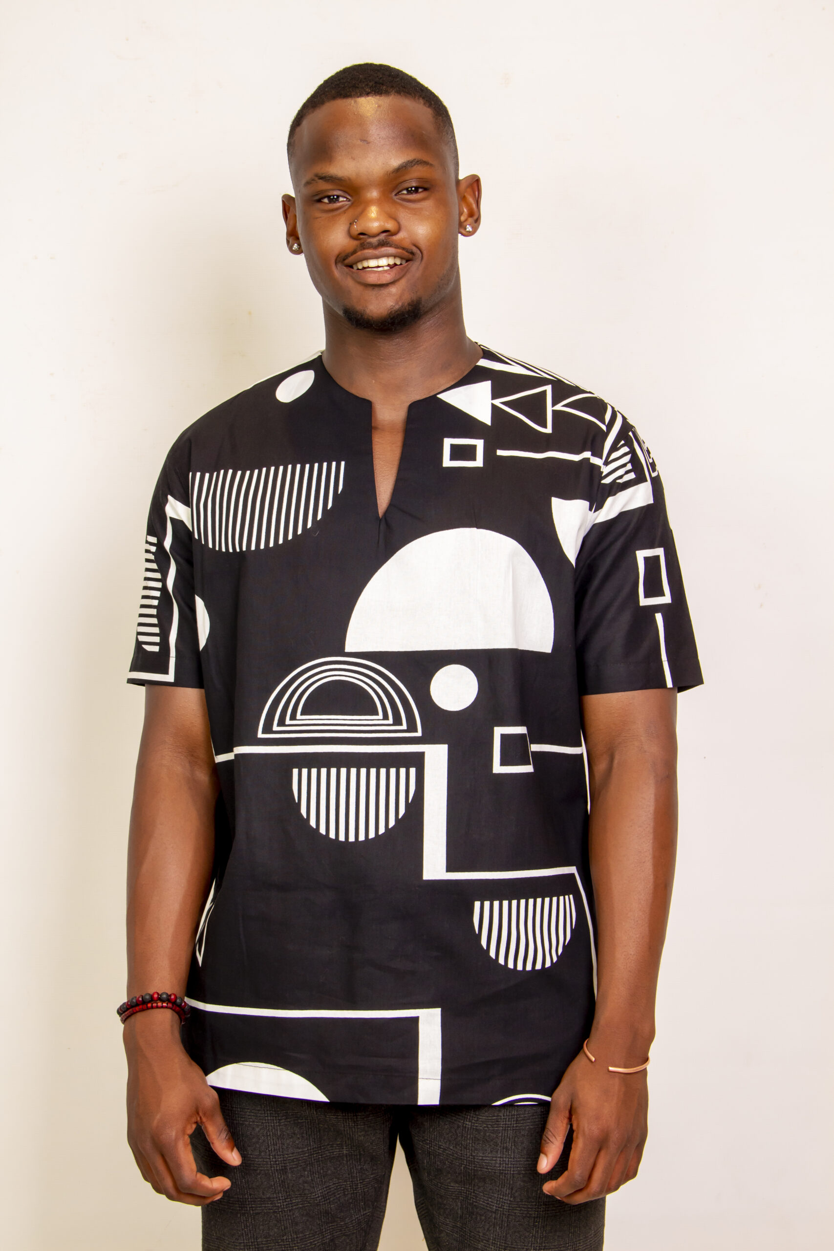 IMG_2337 - Copy Kgosi's men's Black and white abstract African print Ankara shirts 100% cotton - Image 1